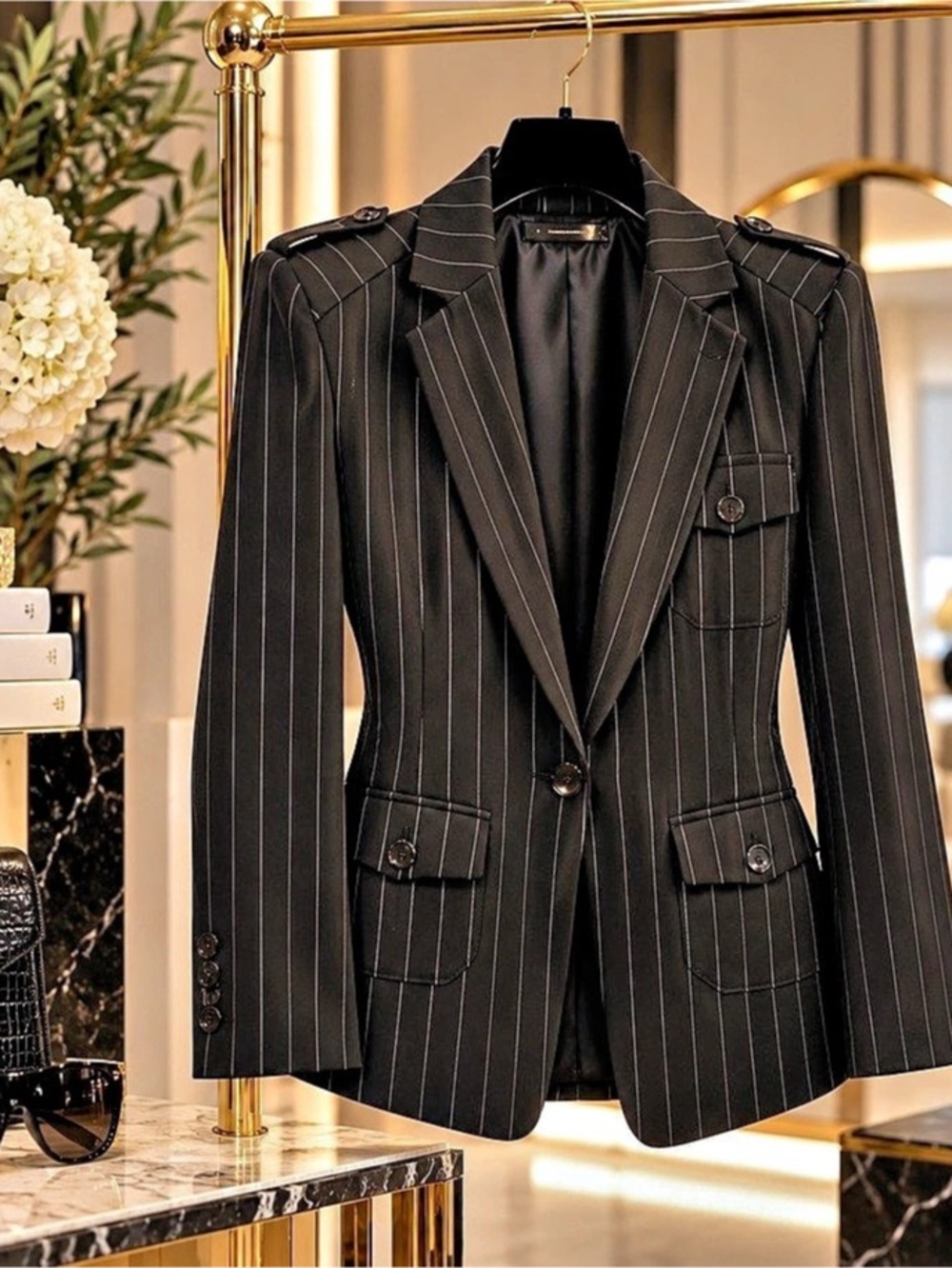 Women's Pinstripe Blazer in Black Like New